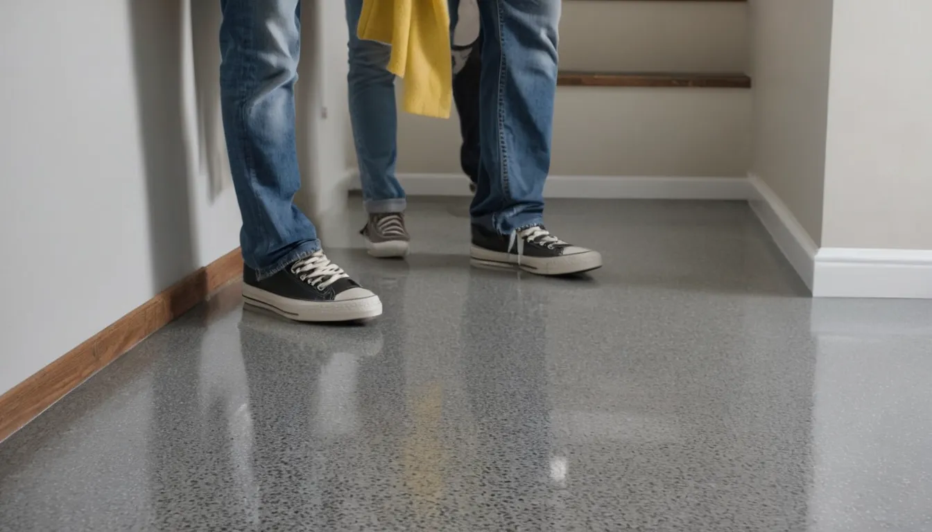 Homeowner and a local provider reviewing a freshly coated concrete floor in a bright basement in the Freeburg area